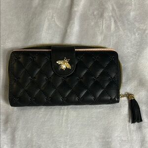 Black Quilted Wallet with Gold Bee Accent